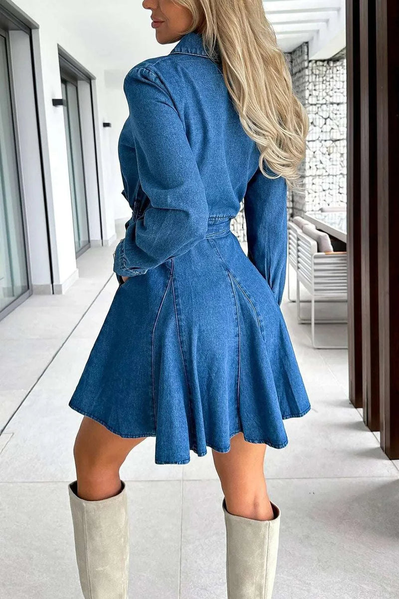 Tied Half Button Long Sleeve Denim Dress WESTCLOSET