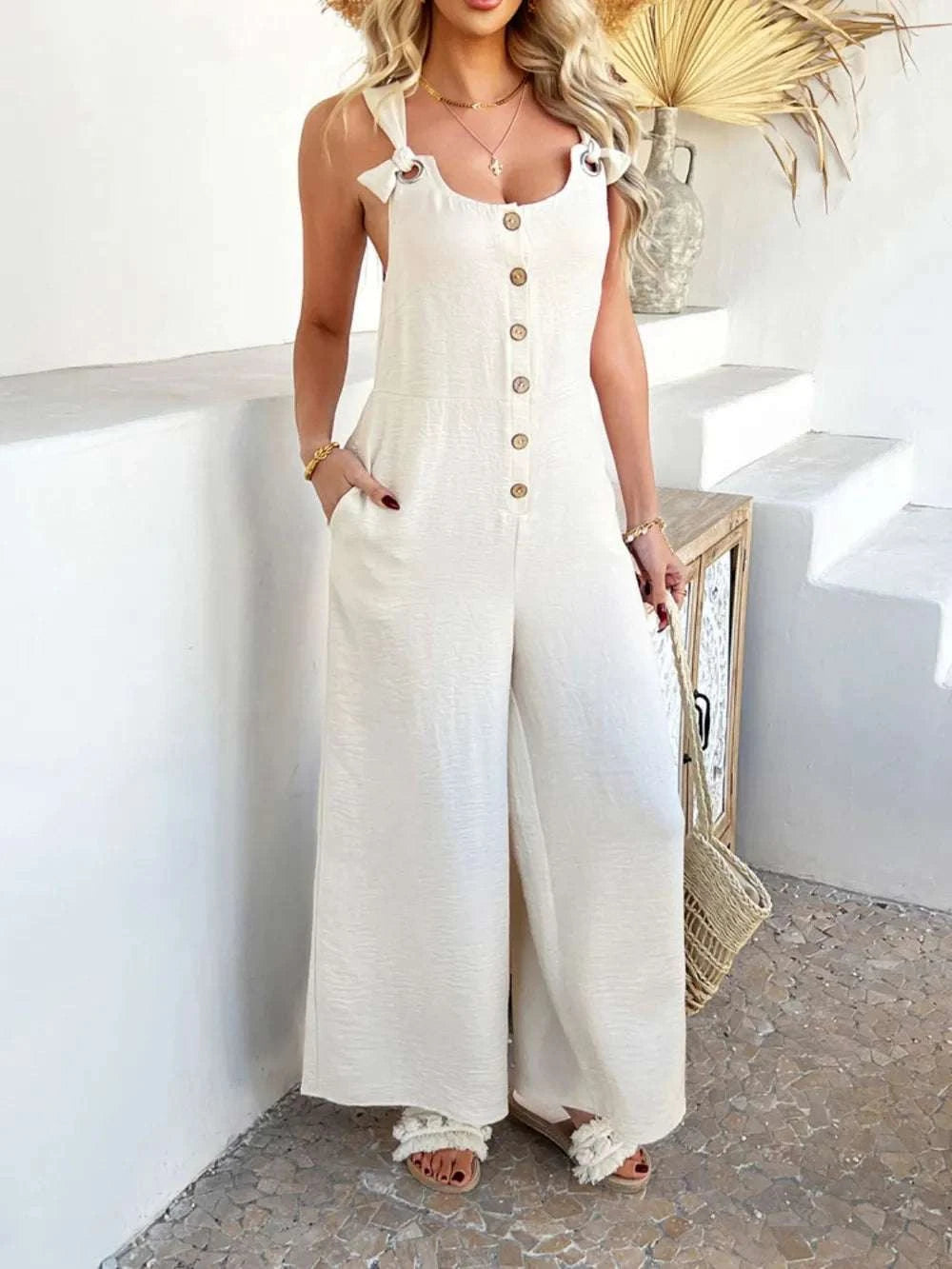 Devine Button Front Knotted Strap Wide Leg Jumpsuit WESTCLOSET