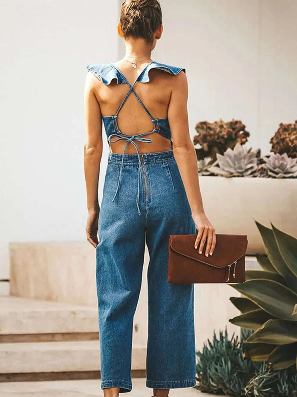 Ruffled Backless Sleeveless Denim Jumpsuit WESTCLOSET