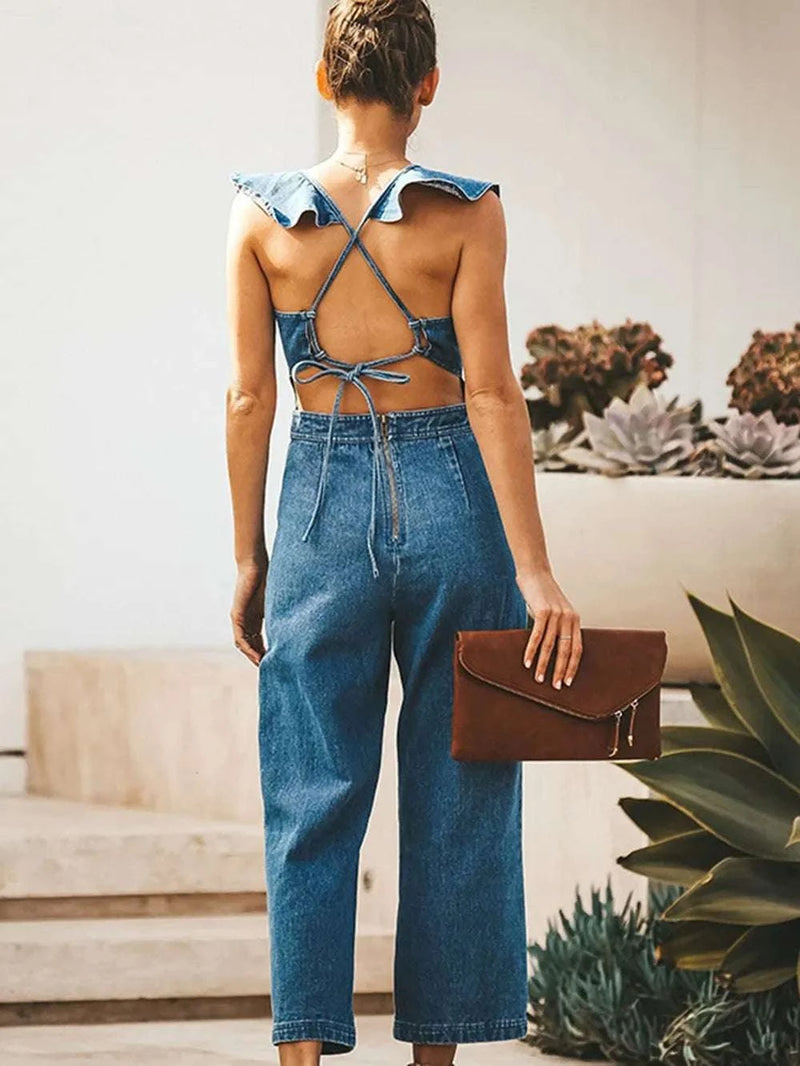 Ruffled Backless Sleeveless Denim Jumpsuit WESTCLOSET