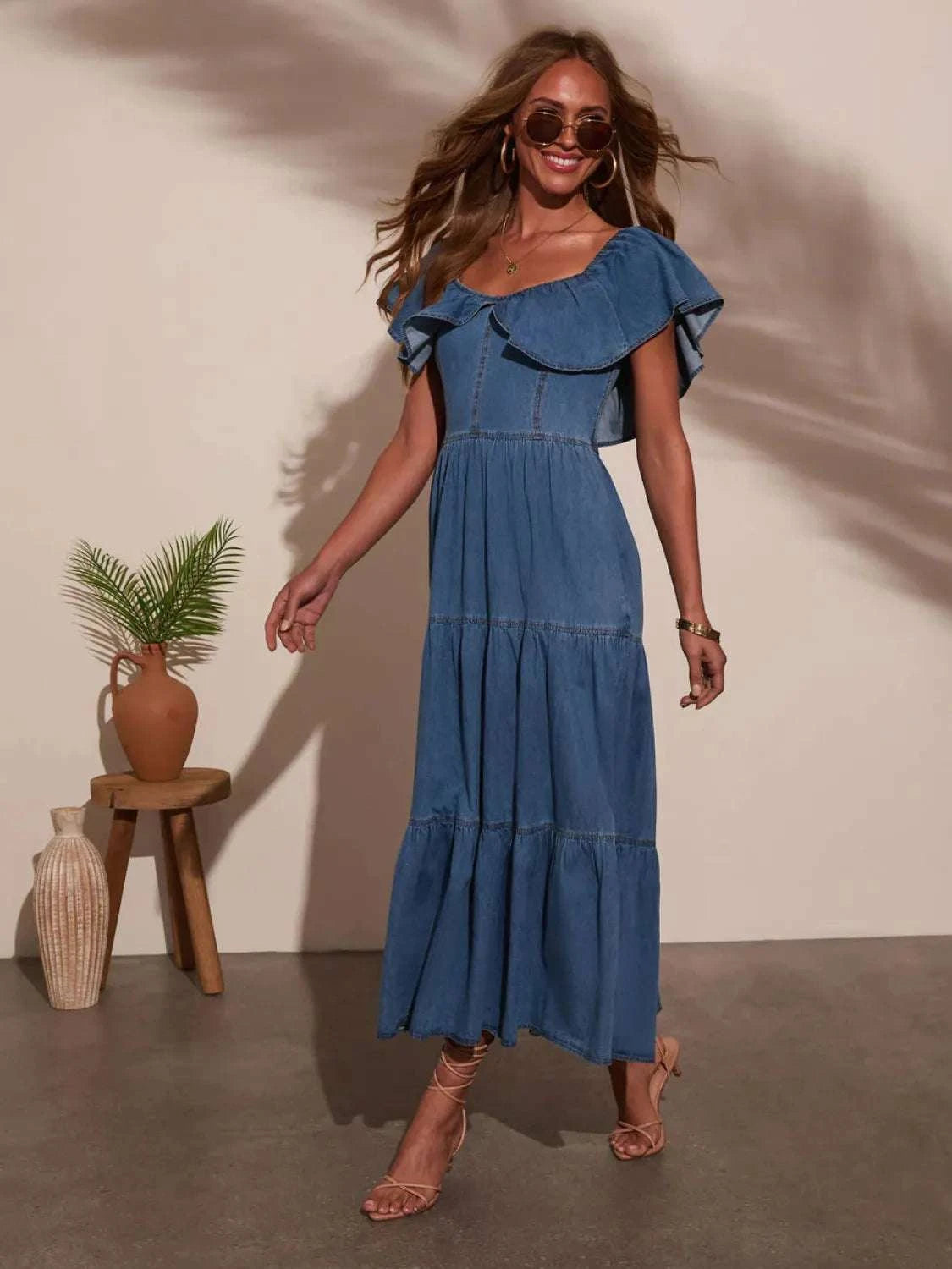 Off Shoulder Ruffle Tiered Denim Dress WESTCLOSET