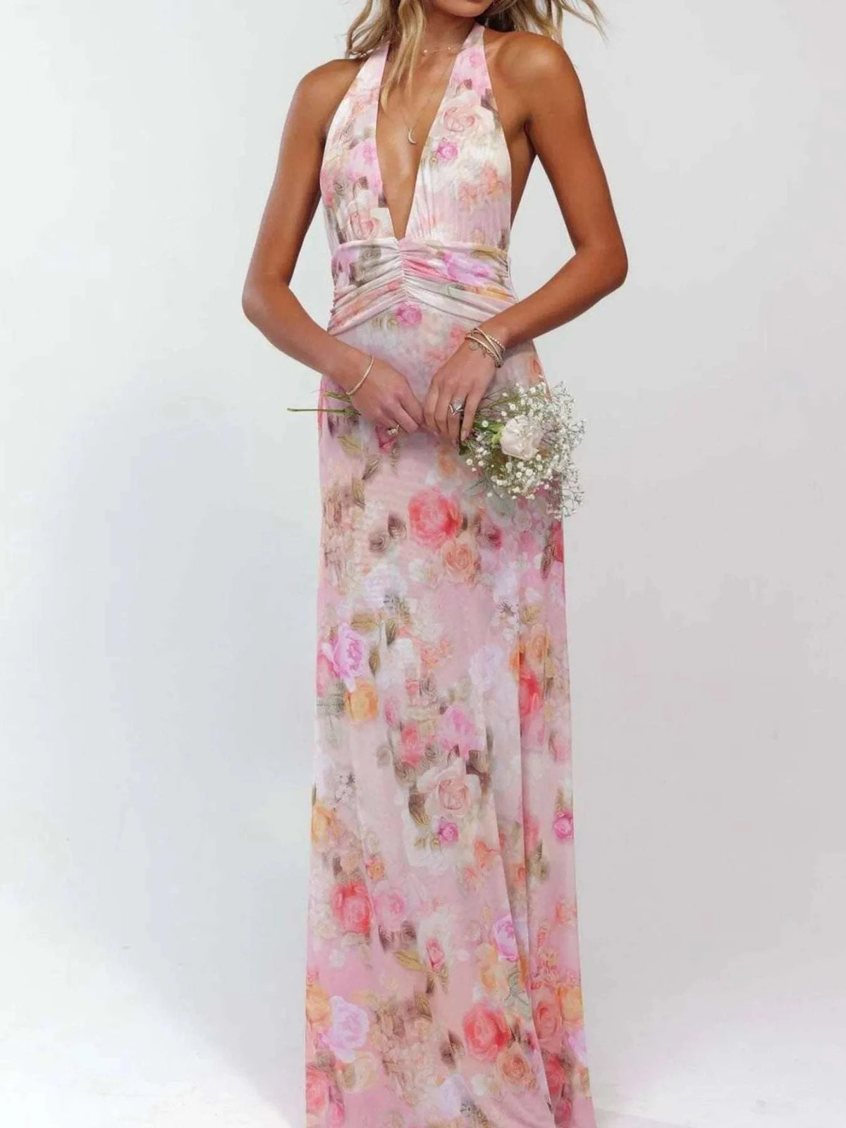 Floral Halter Neck Deep V Maxi Dress WESTCLOSET