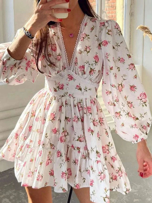 Lace Detail V-Neck Balloon Sleeve Dress WESTCLOSET