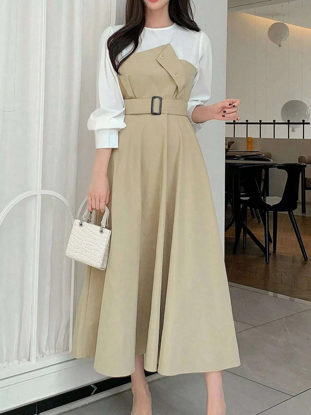 Contrast Long Sleeve Midi Dress with Belted WESTCLOSET