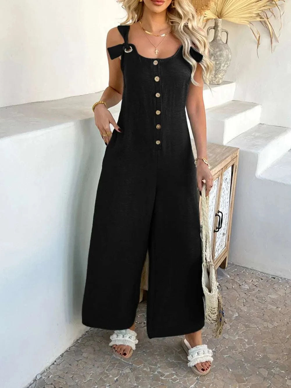 Devine Button Front Knotted Strap Wide Leg Jumpsuit WESTCLOSET