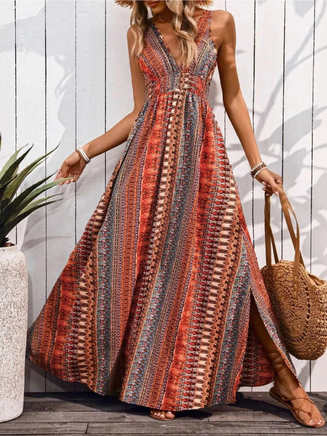 Tied Back Printed Sleeveless Maxi Slit Dress WESTCLOSET