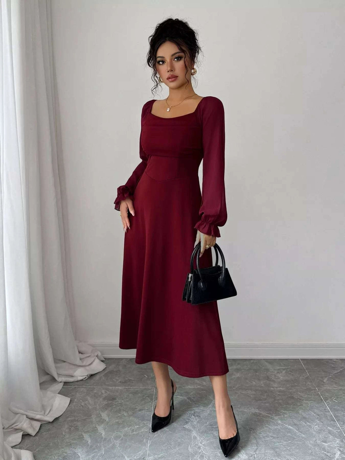 Flounce Sleeve A-Line Midi Dress WESTCLOSET