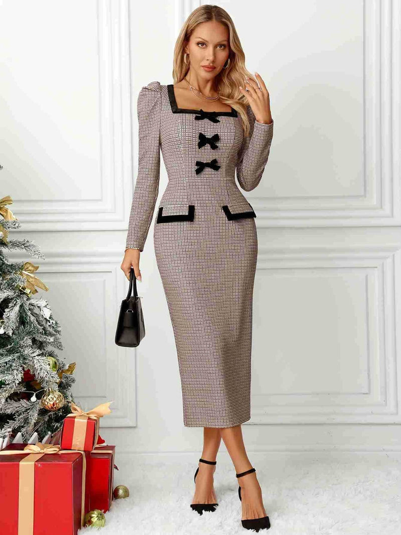 WestCloset Bow Plaid Square Neck Puff Sleeve Dress 