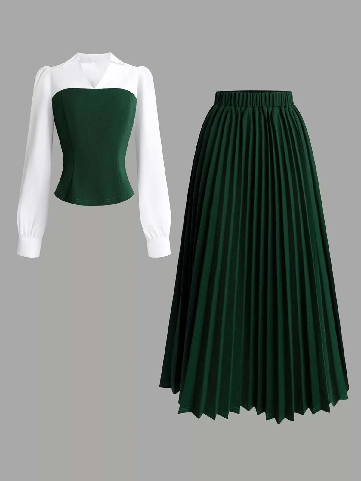 Two Tone Long Sleeve Top and Pleated Skirt Set WESTCLOSET