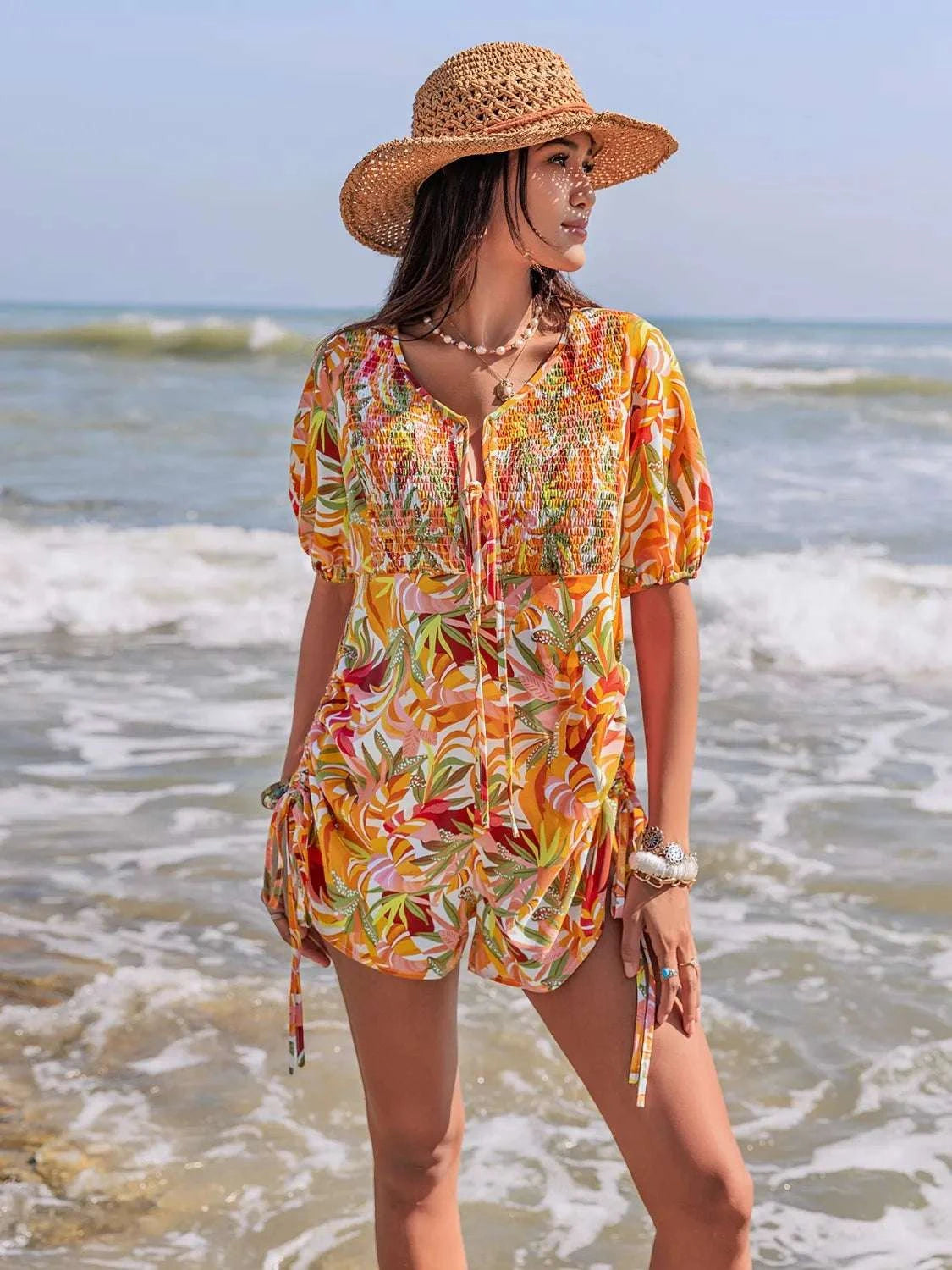 Smocked Printed Tie Neck Romper WESTCLOSET