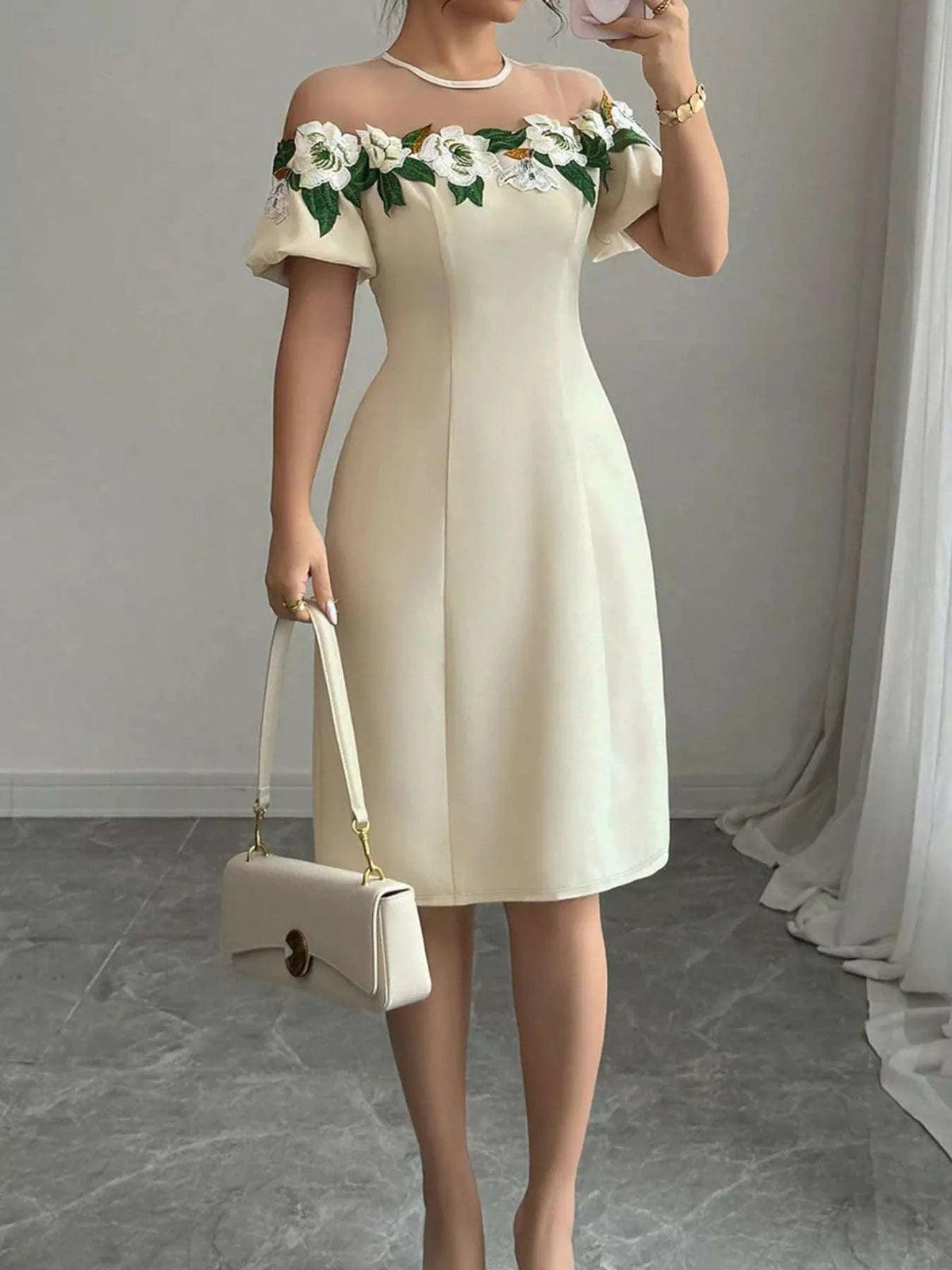 Floral Embroidered Puff Sleeve Dress with Mesh Shoulder WESTCLOSET