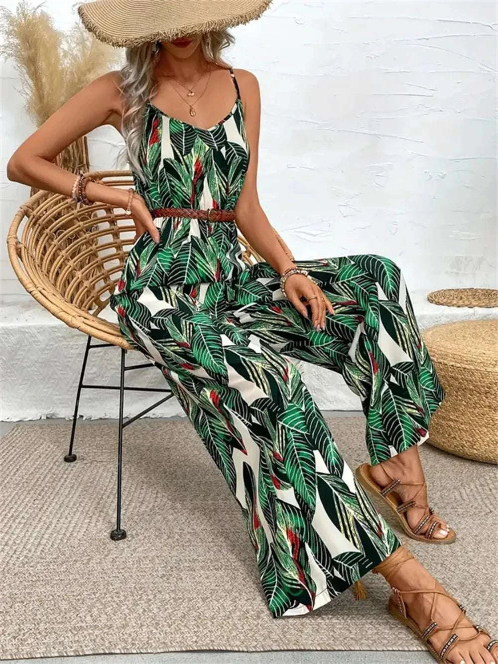 Tropical Print Spaghetti Strap Wide Leg Jumpsuit WESTCLOSET
