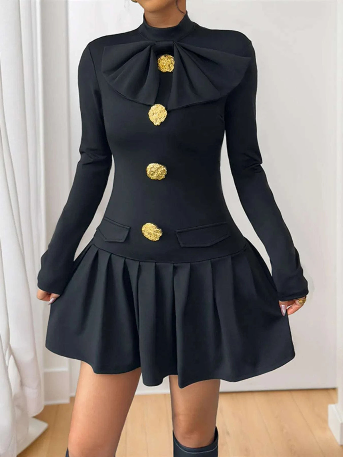 Decorative Button Mock Neck Long Sleeve Mini Dress WESTCLOSET