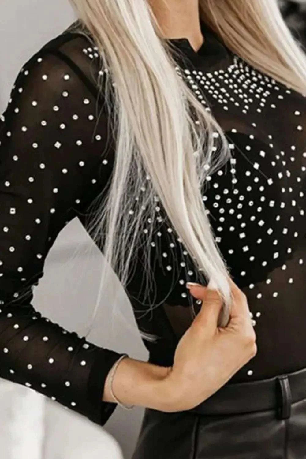 Rhinestone Trim Mock Neck Long Sleeve Bodysuit WESTCLOSET