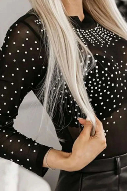 Rhinestone Trim Mock Neck Long Sleeve Bodysuit WESTCLOSET