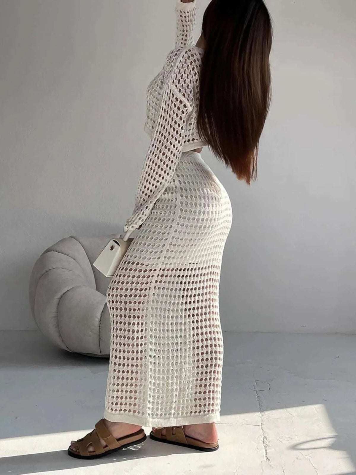 Hollow Out Long Sleeve Top and Skirt Knit Set WESTCLOSET