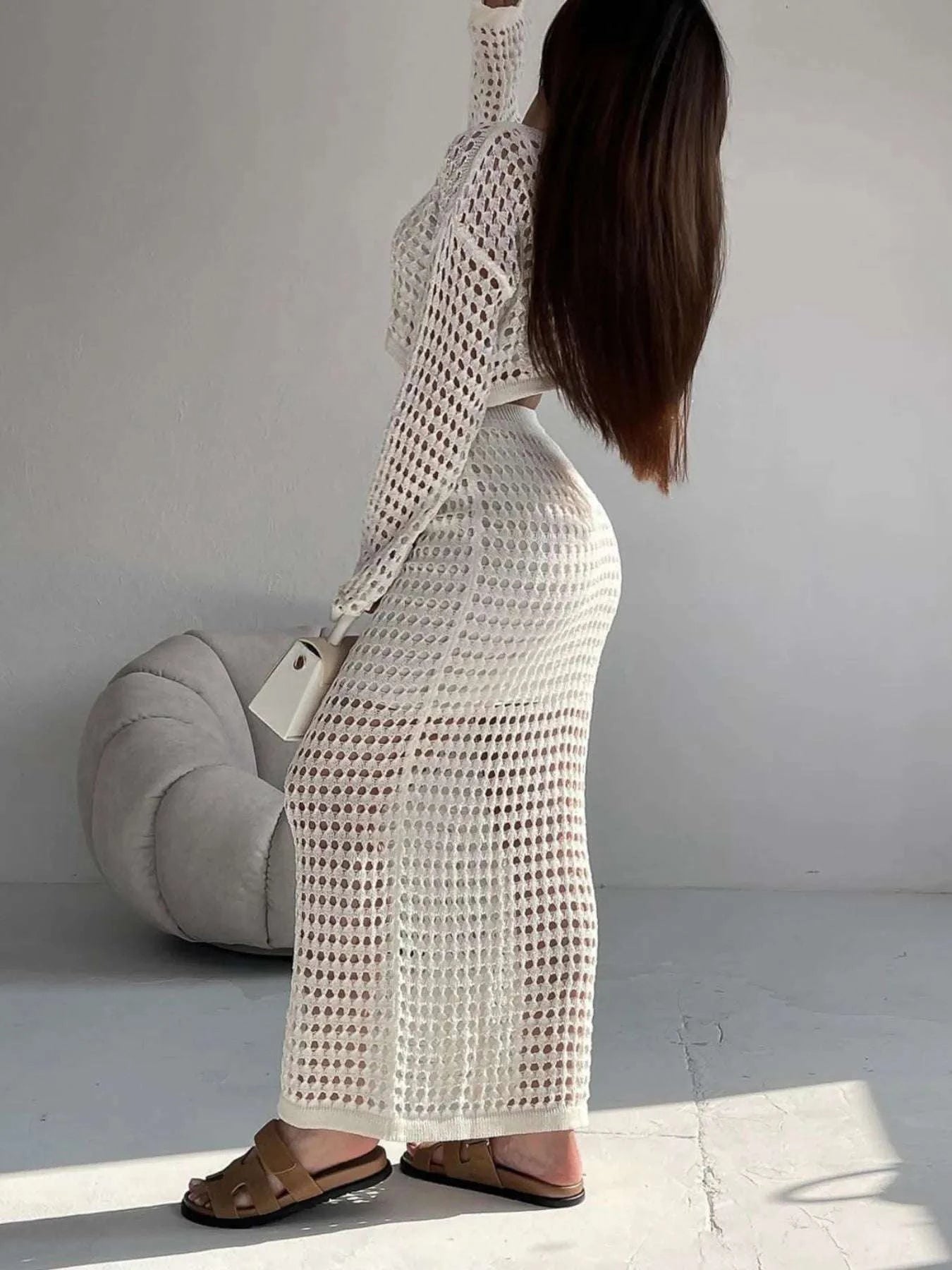 Hollow Out Long Sleeve Top and Skirt Knit Set WESTCLOSET