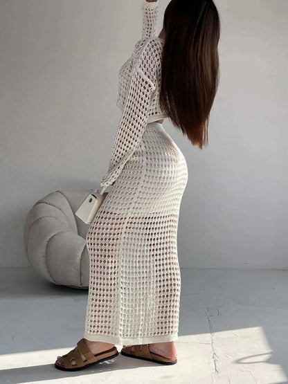 Hollow Out Long Sleeve Top and Skirt Knit Set WESTCLOSET