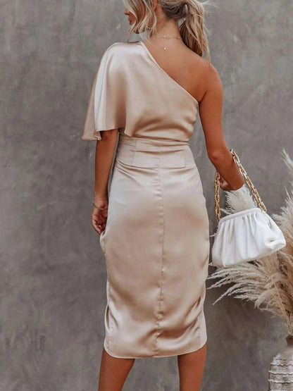One-Shoulder Satin Wrap Dress with Side Slit WESTCLOSET