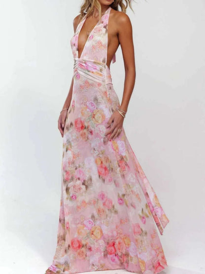 Floral Halter Neck Deep V Maxi Dress WESTCLOSET