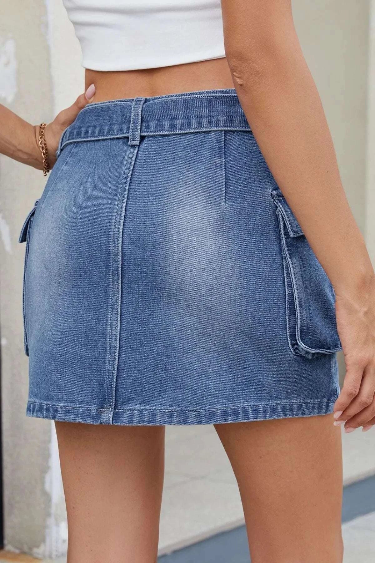 Criss-Cross Waist Detail Denim Mini Skirt WESTCLOSET