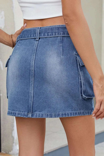 Criss-Cross Waist Detail Denim Mini Skirt WESTCLOSET