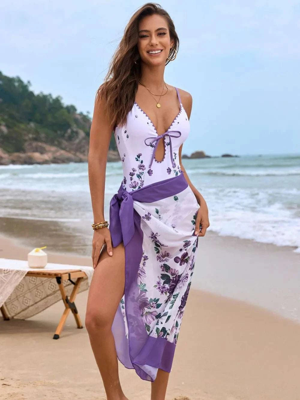 Printed Spaghetti Strap One-Piece Swimwear and Cover Up Swim Set WESTCLOSET