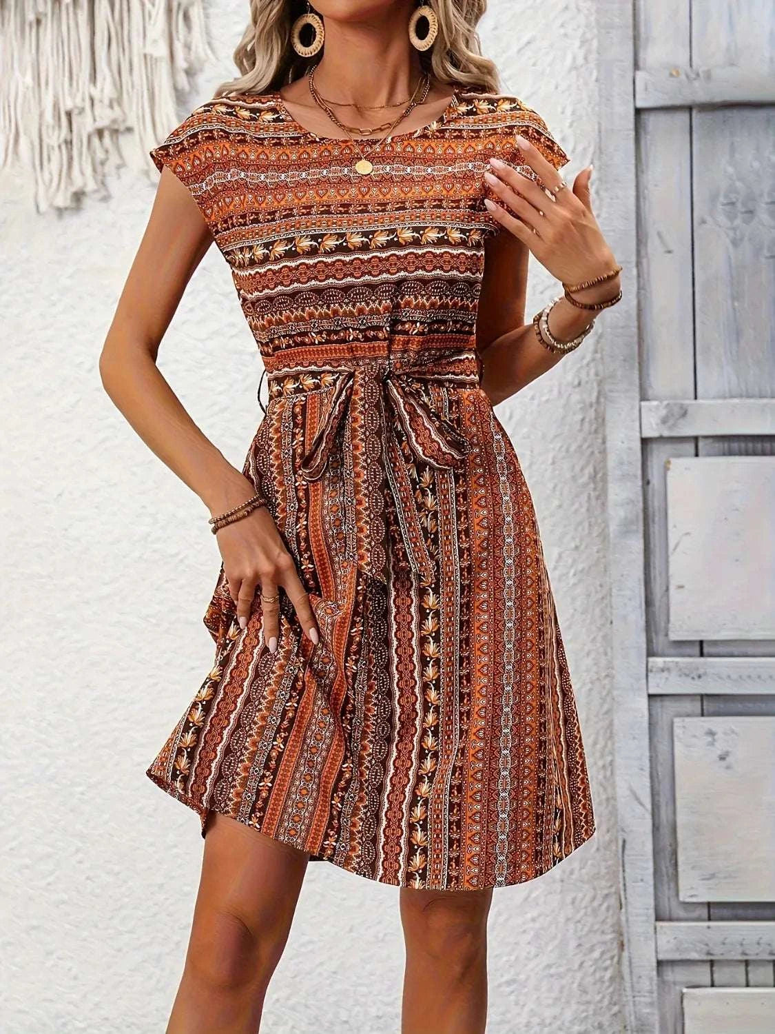 Printed Round Neck Cap Sleeve Dress WESTCLOSET