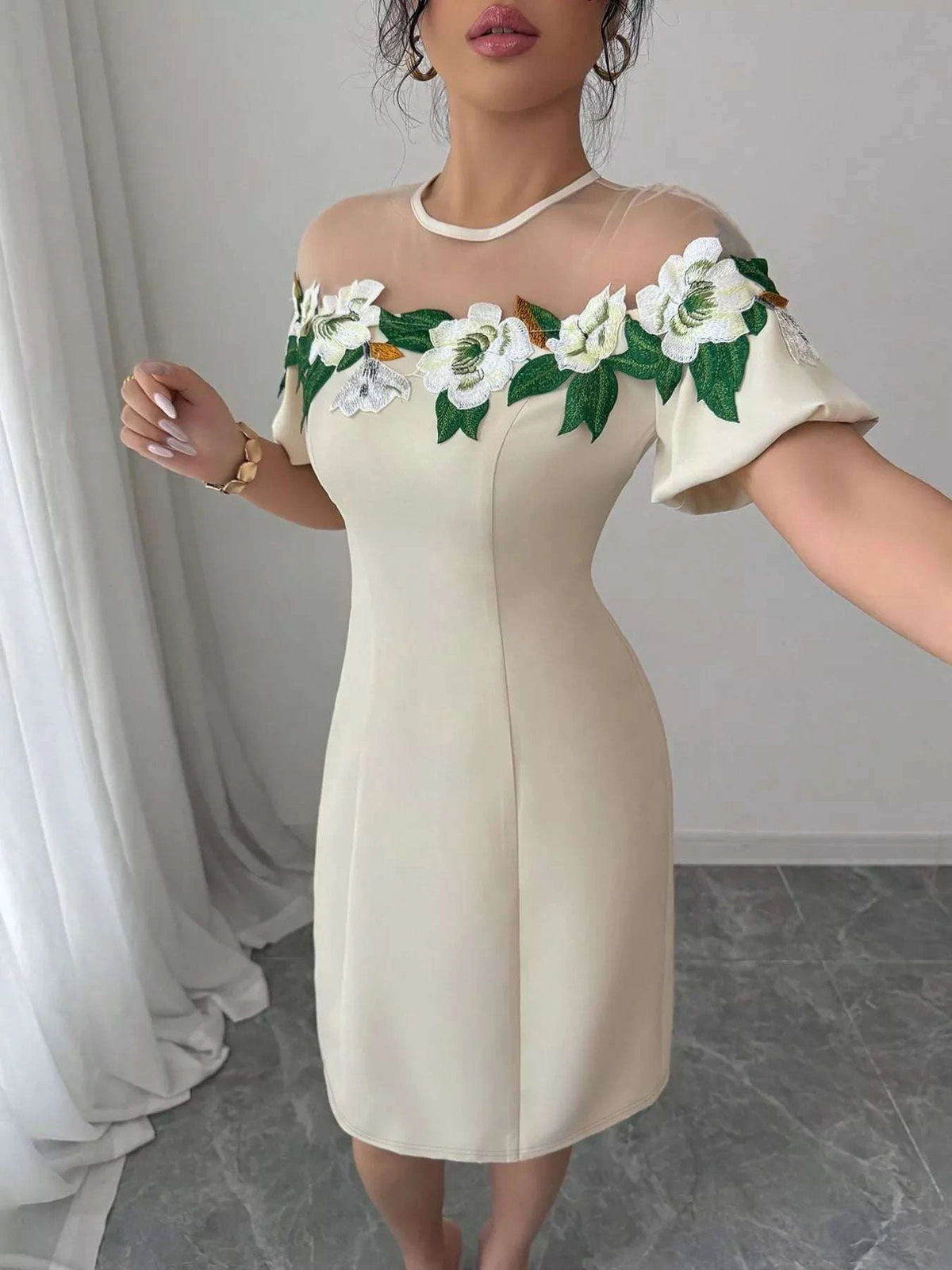 Floral Embroidered Puff Sleeve Dress with Mesh Shoulder WESTCLOSET