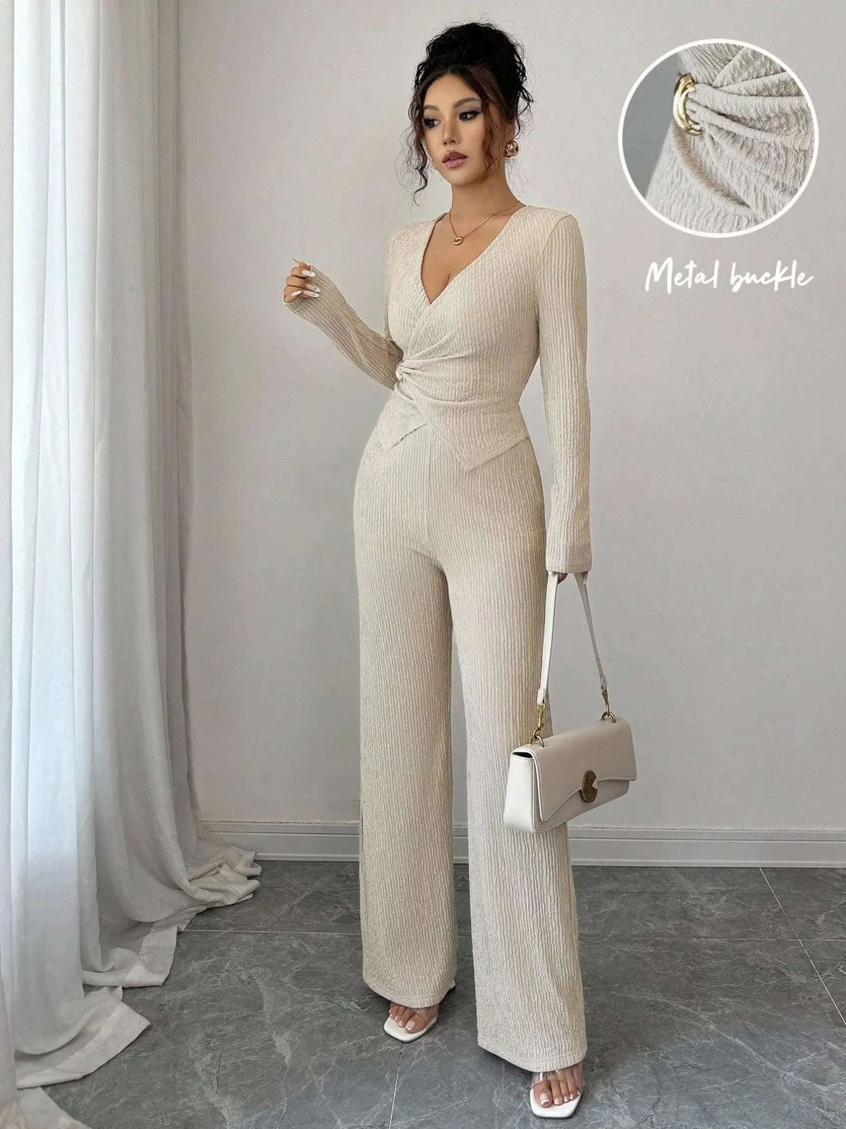 Metal Buckle Long Sleeve Top and Pants Set WESTCLOSET