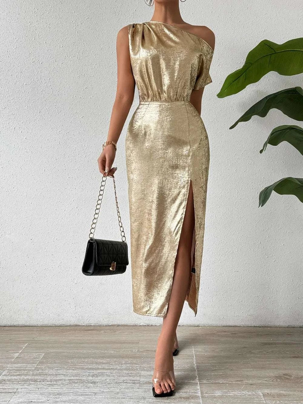 Honey Slit One Shoulder Short Sleeve Midi Dress WESTCLOSET