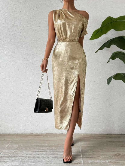 Honey Slit One Shoulder Short Sleeve Midi Dress WESTCLOSET