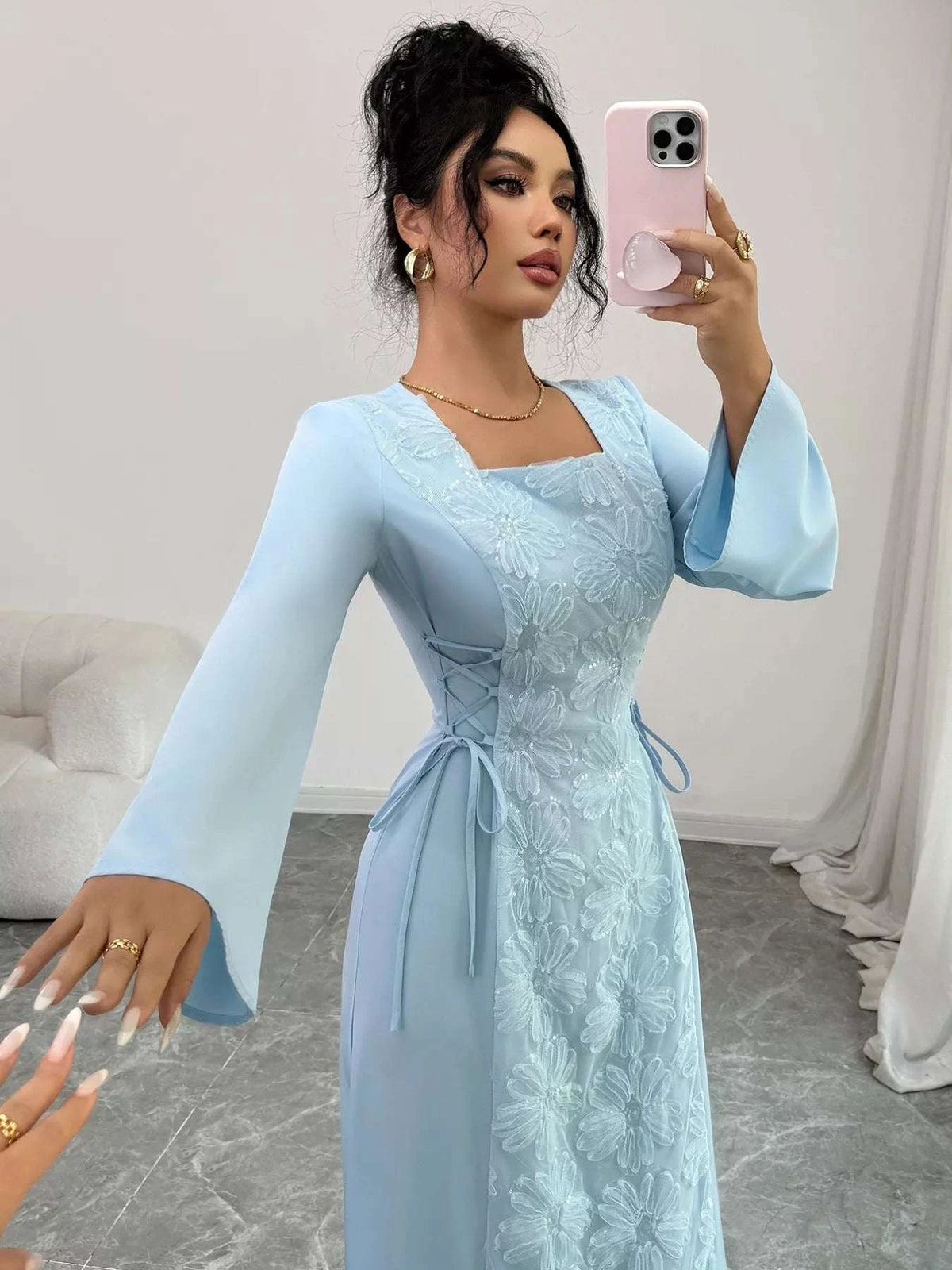 Lace Up Square Neck Long Sleeve Maxi Dress WESTCLOSET