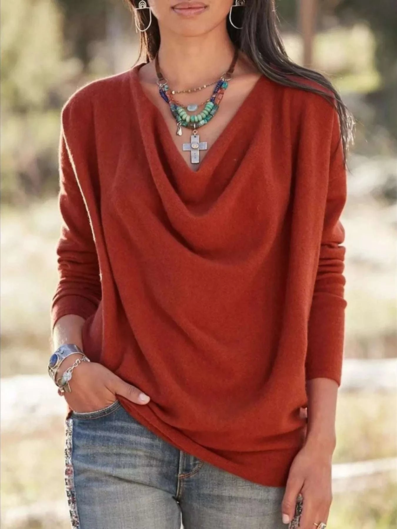 Full Size Cowl Neck Long Sleeve Top Plus Size WESTCLOSET