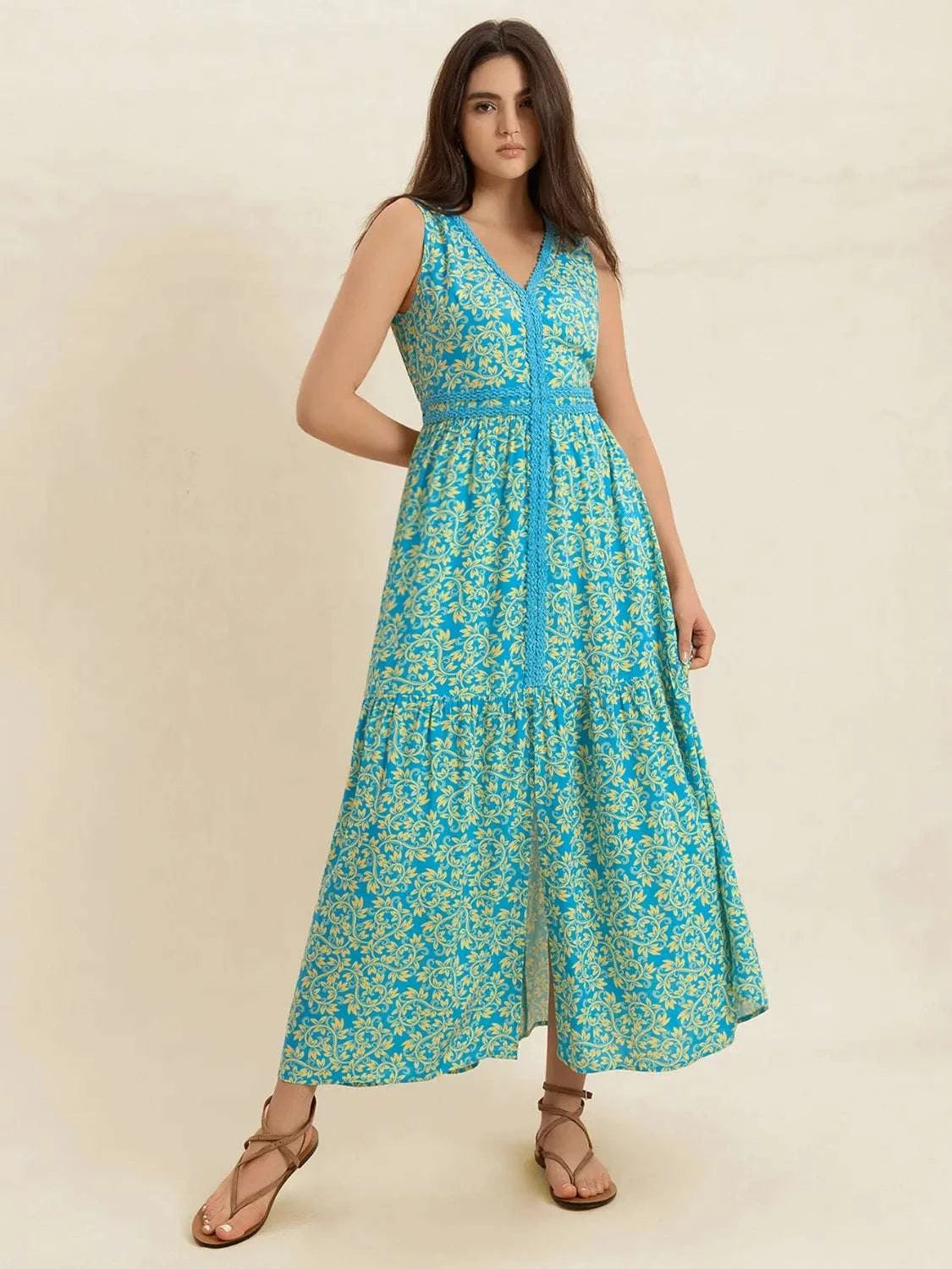 Slit Printed V-Neck Sleeveless Dress WESTCLOSET