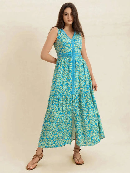 Slit Printed V-Neck Sleeveless Dress WESTCLOSET