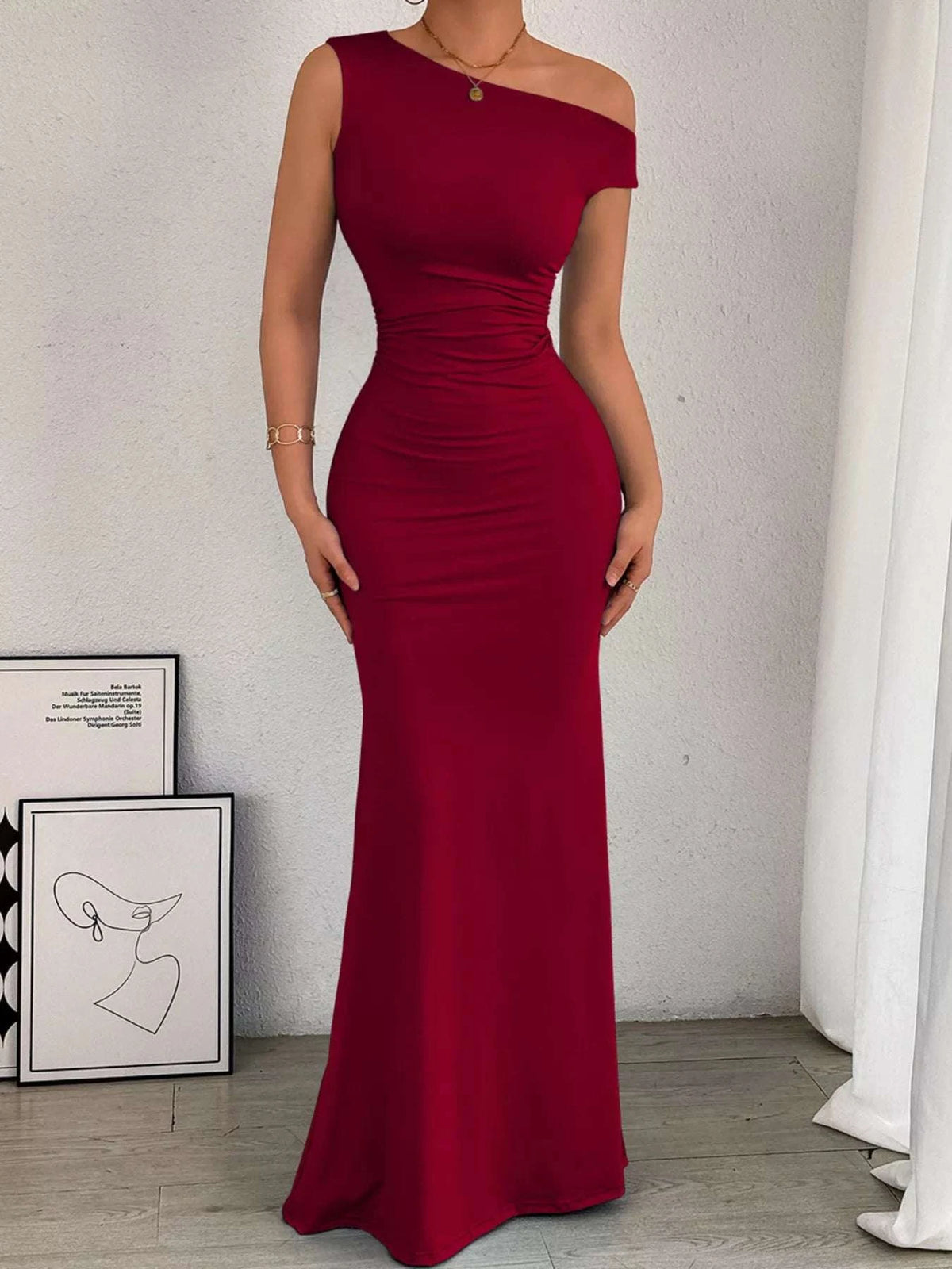 One-Shoulder Ruched Bodycon Maxi Dress WESTCLOSET