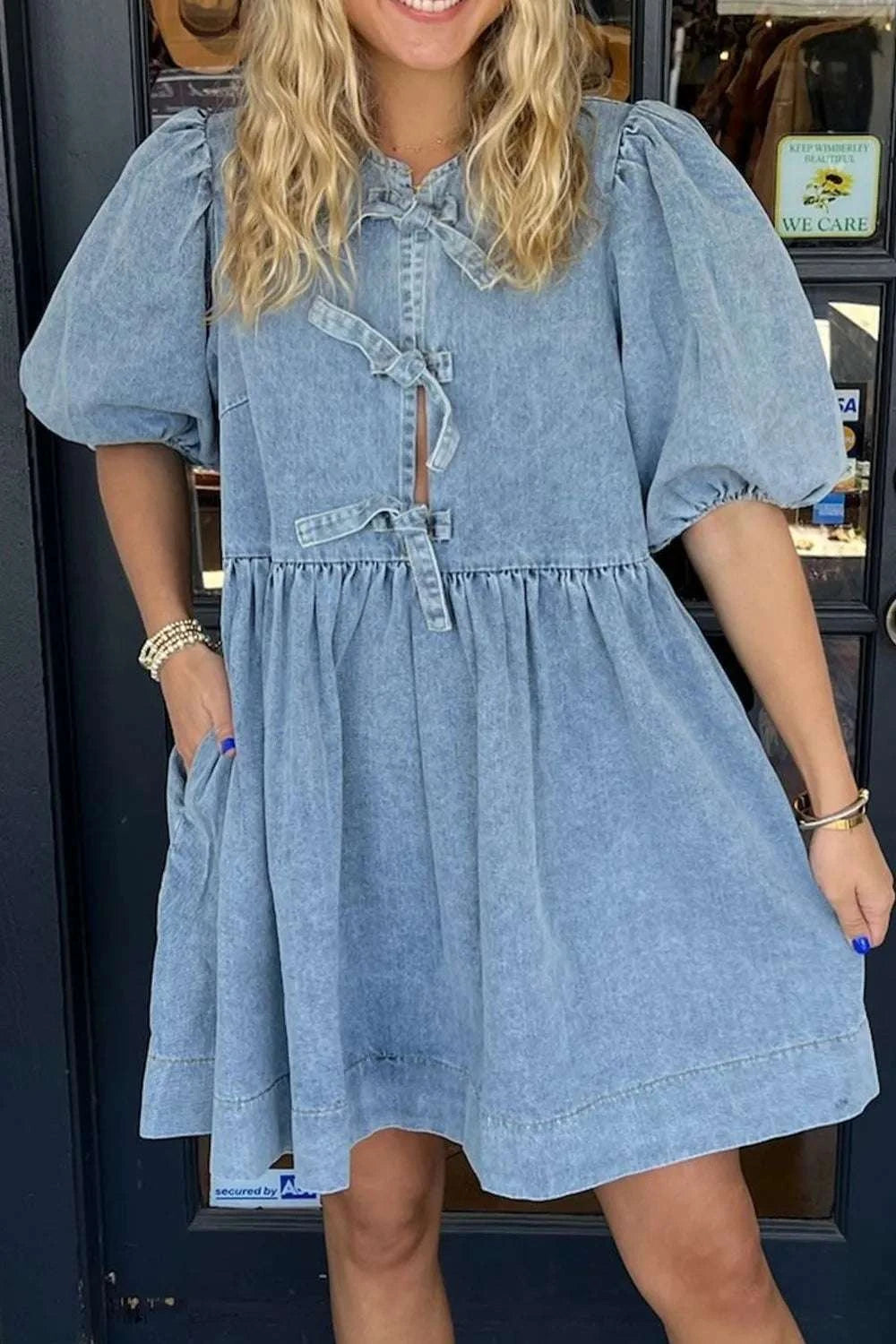 Bowknot Round Neck Half Sleeve Denim Dress WESTCLOSET