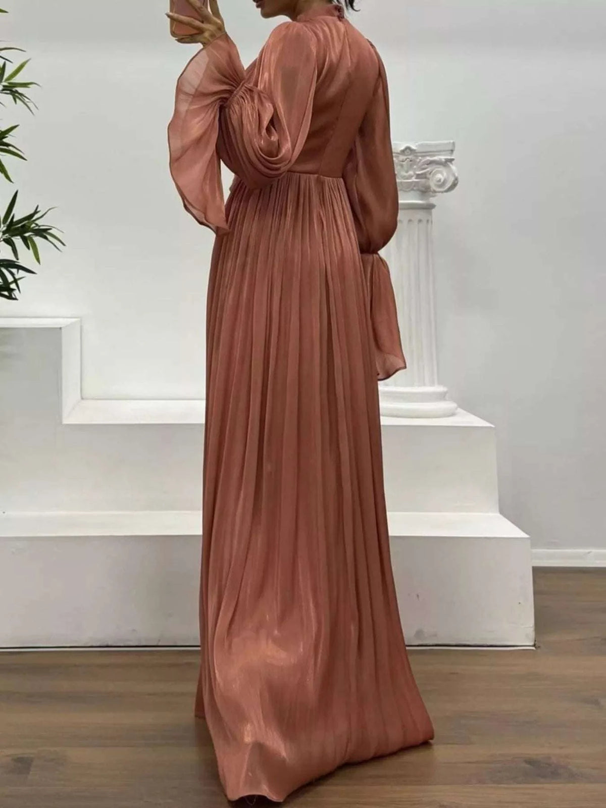 Pleated Mock Neck Long Sleeve Maxi Dress WESTCLOSET