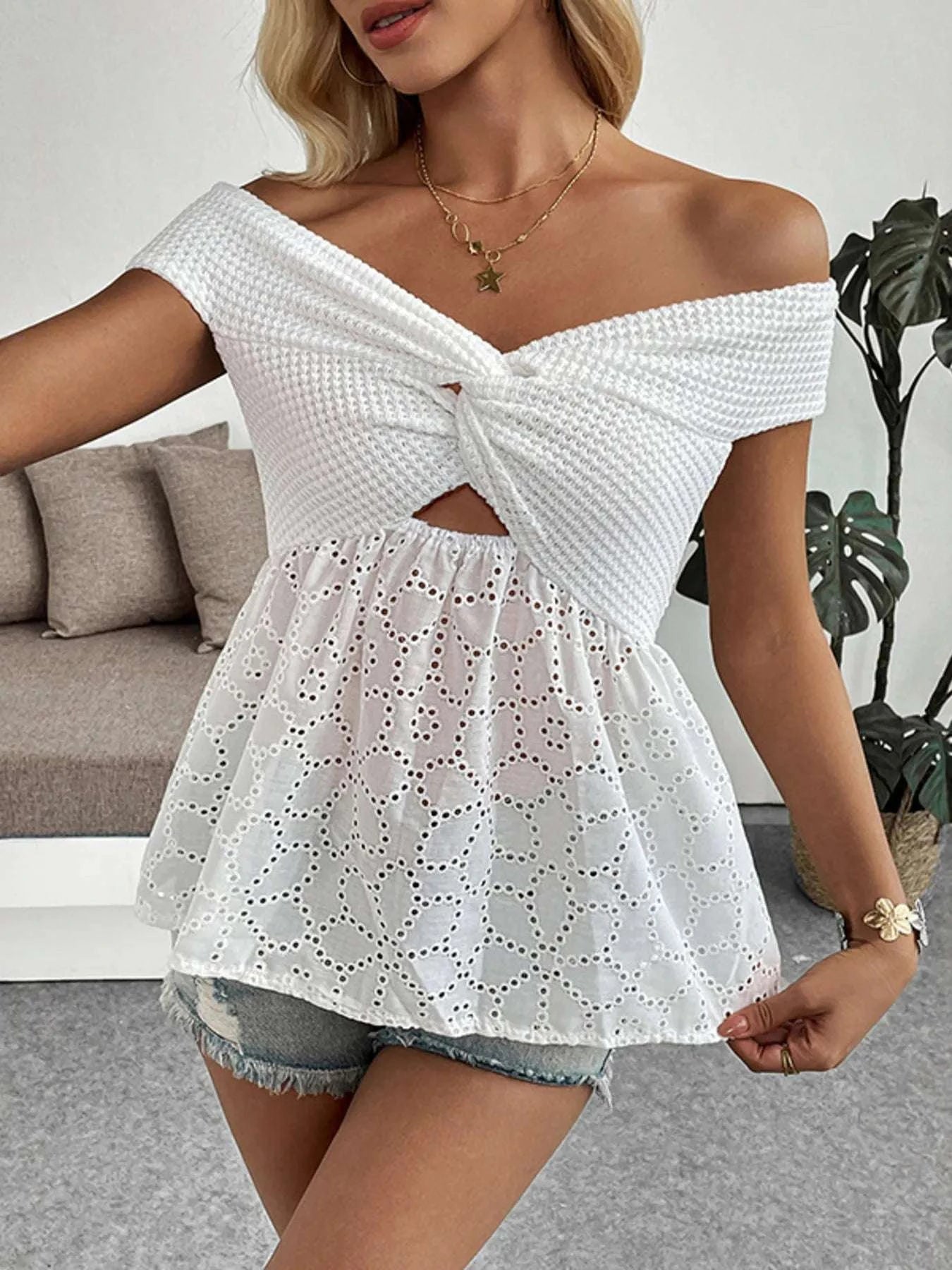 Eyelet Cutout Off-Shoulder Blouse WESTCLOSET