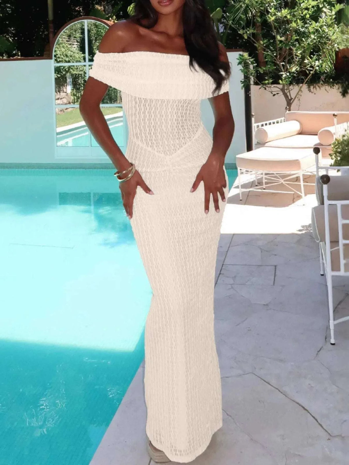 Off Shoulder Texture Maxi Dress WESTCLOSET