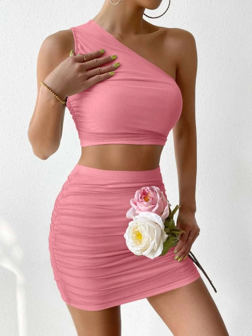 Ruched Single Shoulder Top and Skirt Set WESTCLOSET