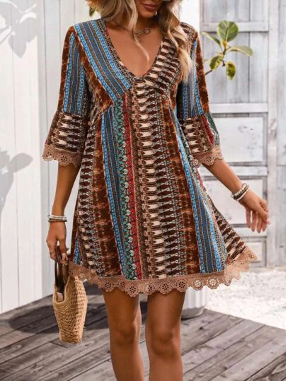 Lace Trim Printed V-Neck 3/4 Sleeve Dress WESTCLOSET