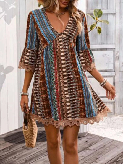 Lace Trim Printed V-Neck 3/4 Sleeve Dress WESTCLOSET