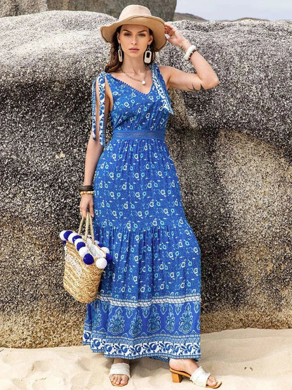 Printed V-Neck Tie Shoulder Dress WESTCLOSET