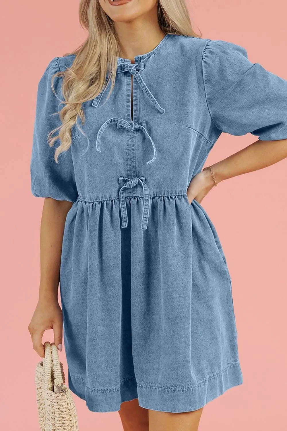 Bowknot Round Neck Half Sleeve Denim Dress WESTCLOSET