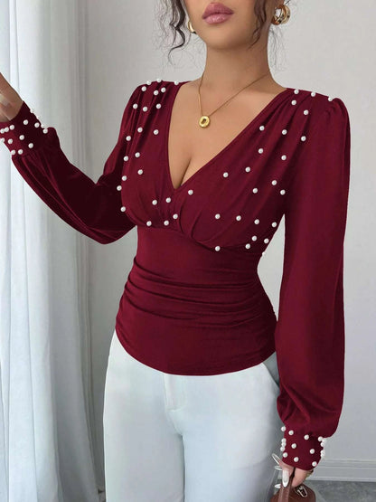 Pearl Embellished V-Neck Blouse WESTCLOSET