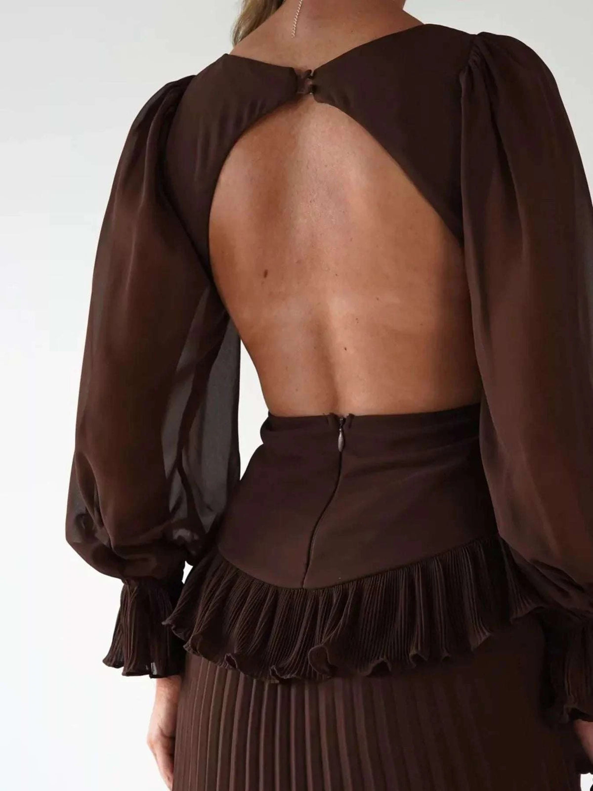 Backless Pleated Long Sleeve Maxi Dress WESTCLOSET