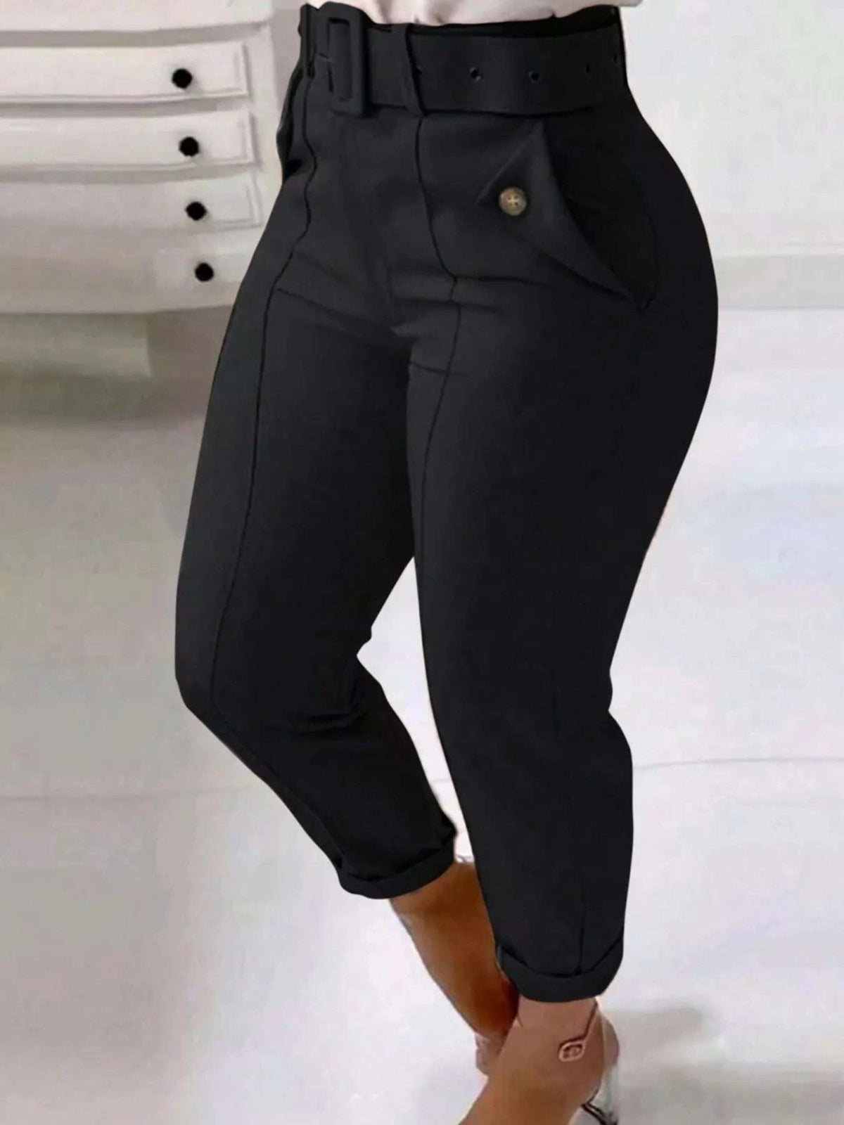 High Waist Belted Slim Fit Ankle Pants WESTCLOSET