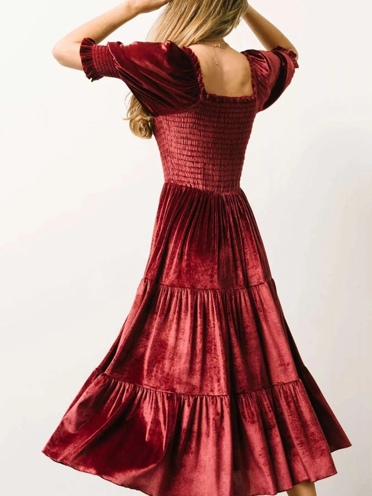 Velvet Smocked Tiered Midi Dress WESTCLOSET